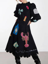 Renkli Aplike Detaylı Siyah Uzun Kollu Midi Elbise Zalle